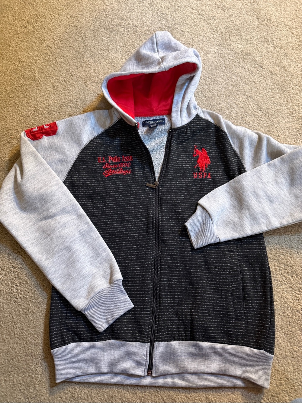 U.S. Polo Assn. Boys' Black & Gray Hooded Jacket with Red Accents Youth 18